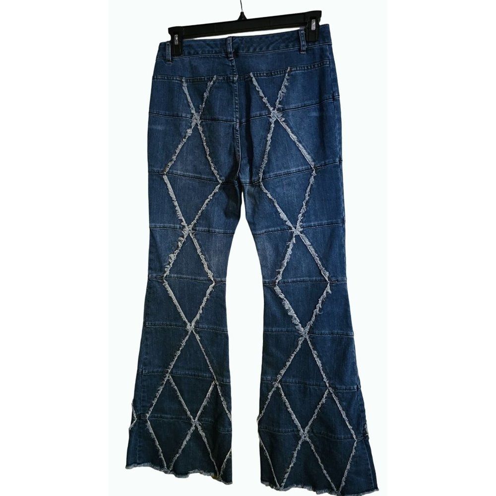 Super Rare Free People Tyler Pieced Denim Fray 13" Wide Flare Jeans Size 30 EUC - Picture 3 of 14